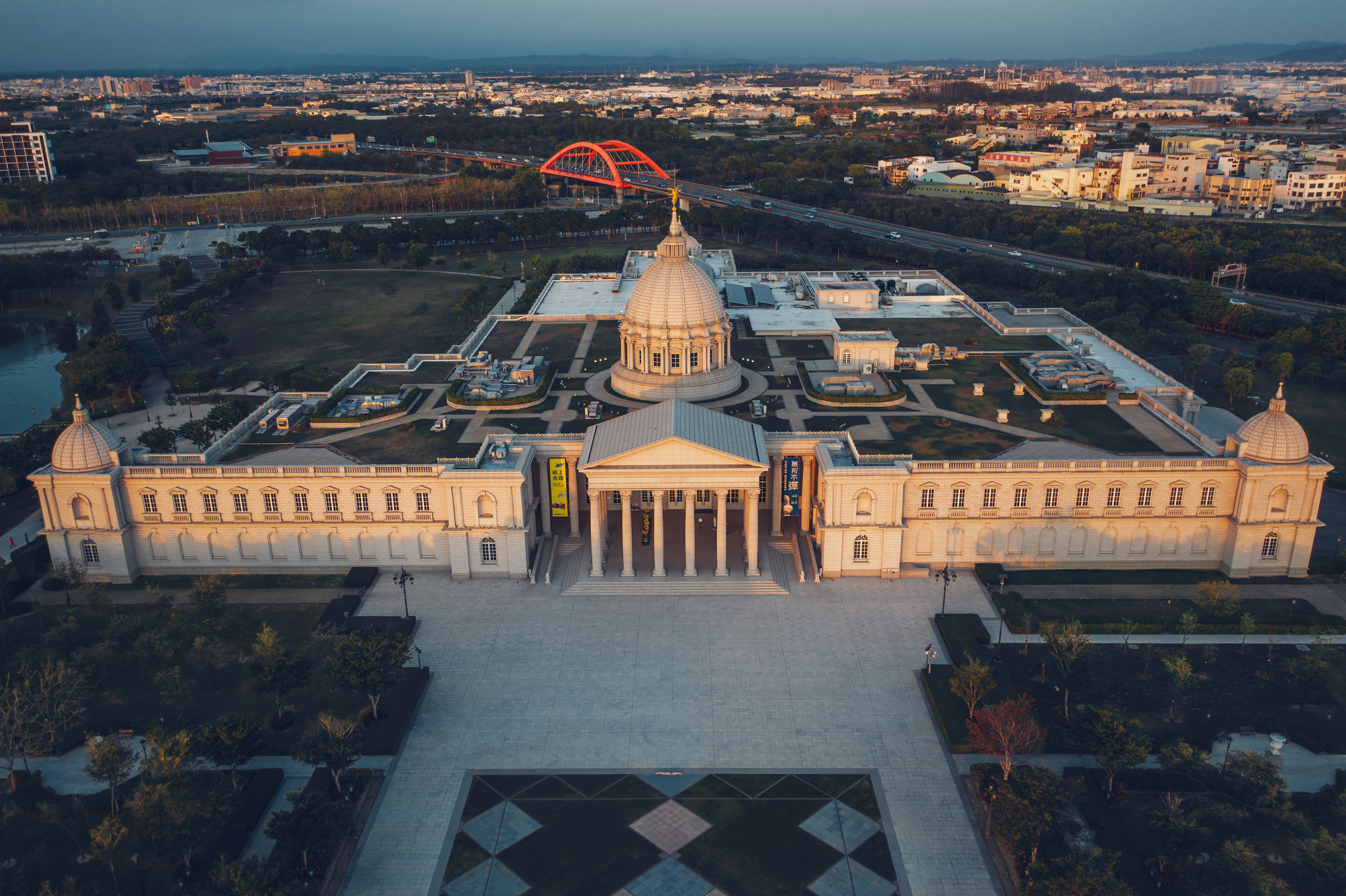 Aerial view of Chimei Museum showing its full facade, dome, roof, and grounds